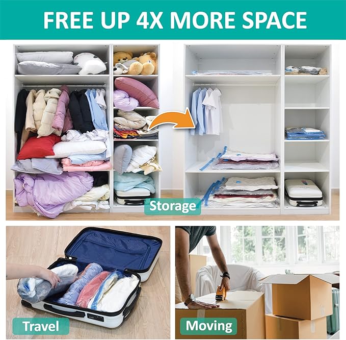 Cozy Essential Vacuum Storage Bags, 80% Compression Vacuum Seal Space Saver Plastic Packaging Bags for Clothes, Blankets, Pillow, Bedding, Comforters, Sealer Clothing Storage,16 Combo