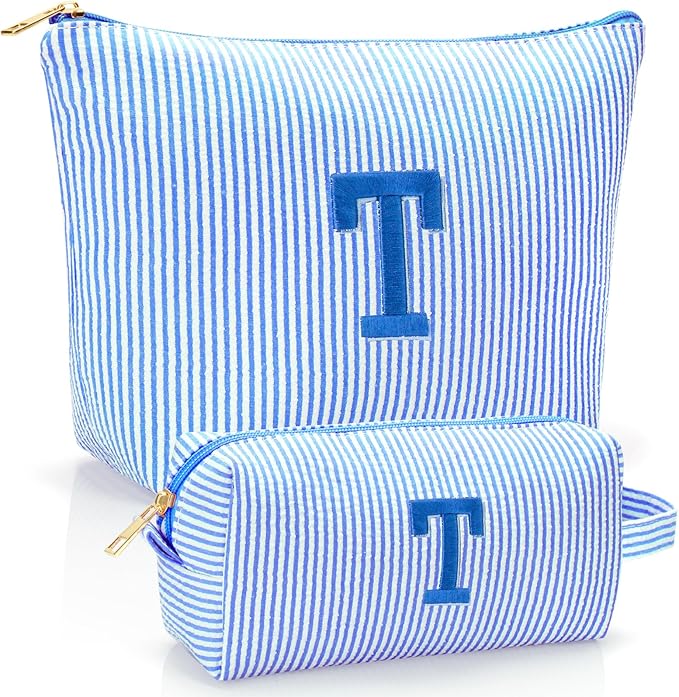 Personalized Initial Makeup Bag,Toiletry Travel Cosmetic Bag,Trendy Stuff for Teen Girls and Women,Holiday & Birthday Gift,2 Pack (T, Blue)