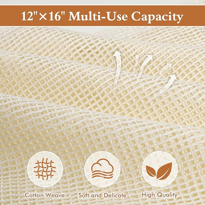 Natural Cotton Mesh Laundry Bags 12x16" 3-Pack,Gentle Wash for Lingerie, Baby Clothes & Travel Essentials