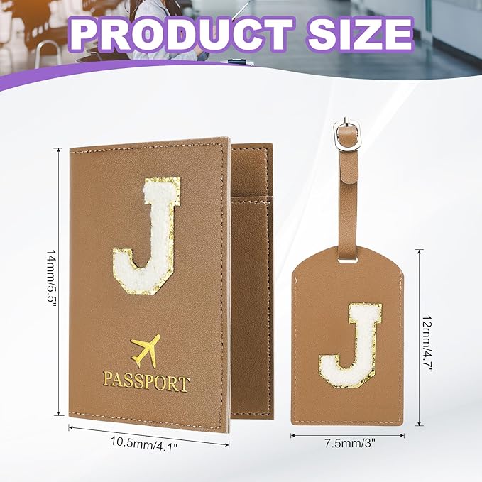 PATIKIL Passport Holder for Travel, Initial Passport Cover and Luggage Tag Set with Alphabet Chenille Letter Patch Travel Wallet Bag Suitcase Identifier for Women Family Travel Brown J