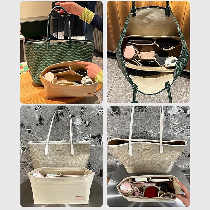 Tote Bag Organizer Insert with Base Shaper,Felt Purse Organizer Insert Compatible with lv Neverfull MM Organizer,C.oach City 33, Speedy 30 and More, Purse Divider for Bags,Beige/L