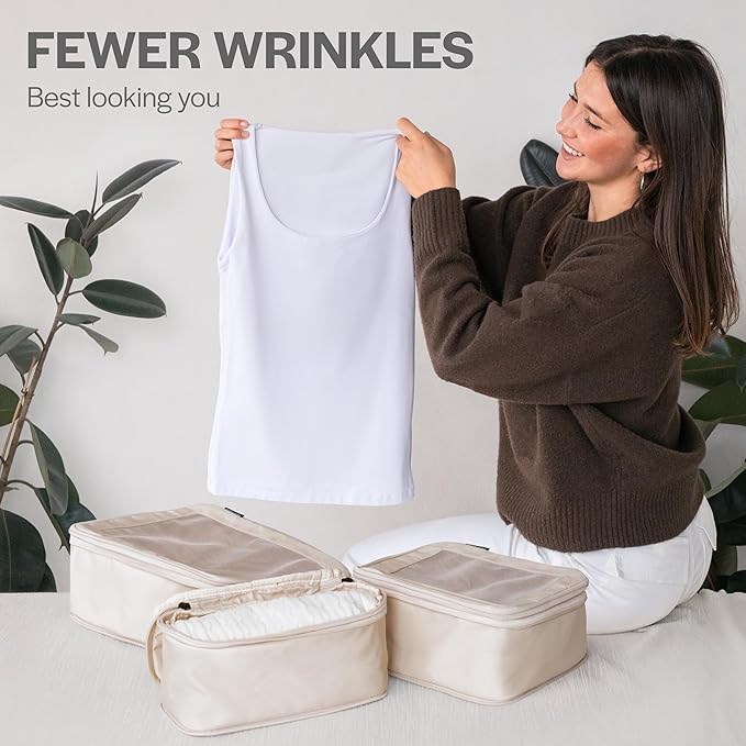 Aerotrunk Compression Packing Cubes for Travel - Luggage Organizer Bags - Double Zipper Packing Cubes for Suitcases (12-Pack, Beige)