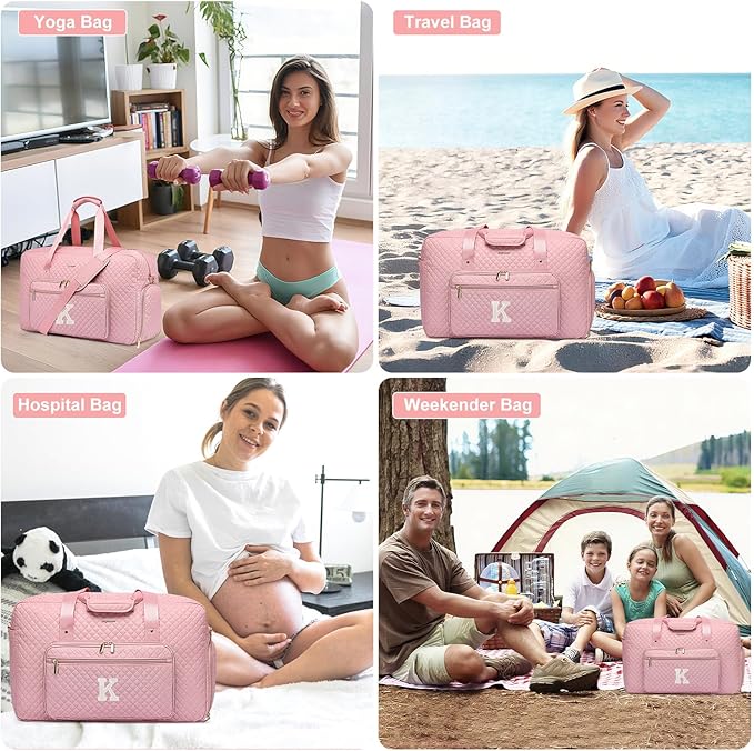 Initial Travel Duffle Bags for Women - Personalized Weekender Bag with Shoe Compartment Overnight Bags with Toiletry Bag Hospital Bag for Women Birthday Gifts for Mom Wife Friends Pink (Letter K)