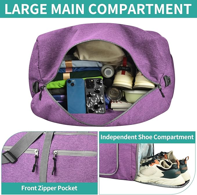 Dimayar 40L Travel Duffle Bag for Men Women - Foldable Duffel Bag with Shoes Compartment - Overnight Bags Waterproof & Tear Resistant(Purple)