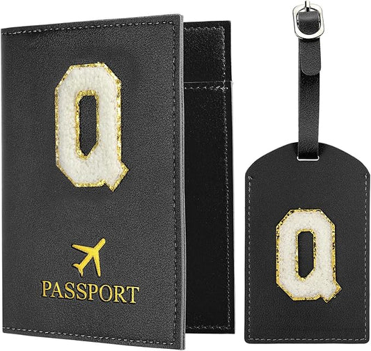 PATIKIL Passport Holder for Travel, Initial Passport Cover and Luggage Tag Set with Alphabet Chenille Letter Patch Travel Wallet Bag Suitcase Identifier for Women Family Travel Black Q