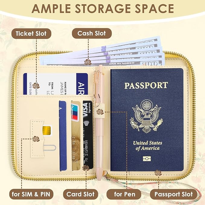 KONVINIT Passport Holder For Travel, RFID Blocking Leather Passport Cover For Travel Accessories, Passport Wallet with Zipper Closure, Cute Passport Book for Women and Men, Pink Flowers