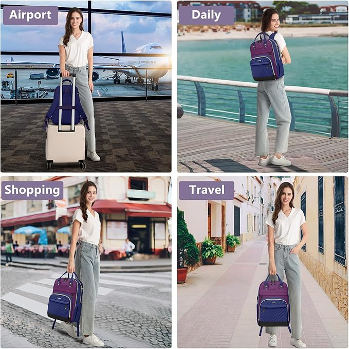Laptop Backpack for Women Work Bag - 15.6 inch Travel Backpack Purse with USB Charger College Bookbag Waterproof Cute Casual Daypack Fashion Business Computer Backpacks for Teacher Nurse Purple Blue