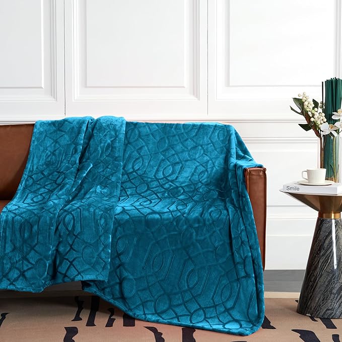 Soft Cozy Fleece Queen Size Blanket, 90x90 Inches – Lightweight Plush Blanket for Bed, Fuzzy 3D Jacquard Design - Teal