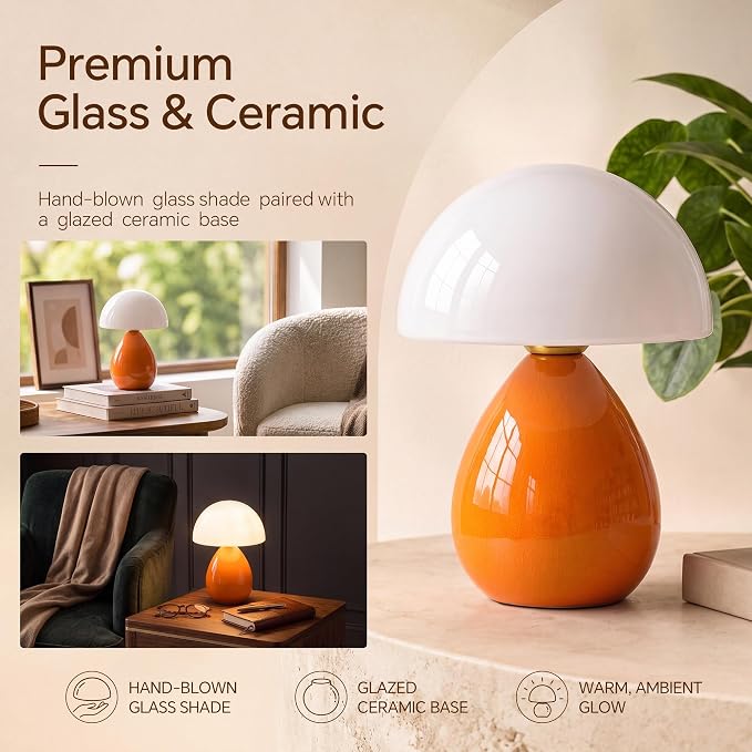 Mushroom Lamp Table Lamp for Bedroom,Ice Crackle Desk Lamp Bedside Small Lamps for Living Room Night Stands,Table Lamps Cute Modern Mid Century Lamps (Orange-Ice Crackle)