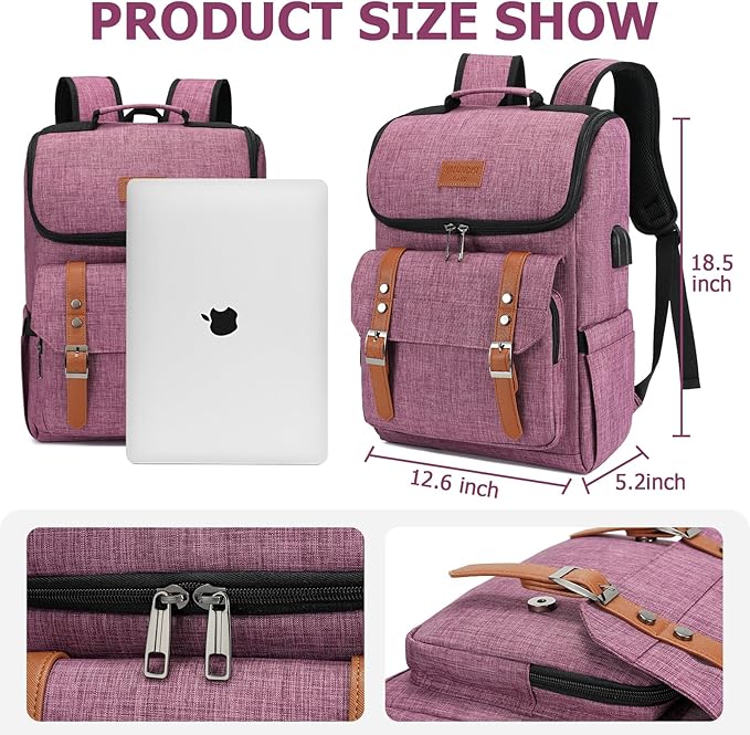 YALUNDISI Vintage Backpack Travel Laptop Backpack with usb Charging Port for Women & Men College Backpack Fits 15.6 Inch Laptop Purple Brown