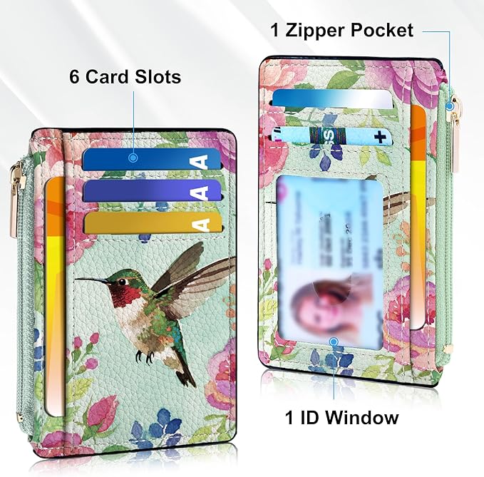 Tipmile Credit Card Holder for Women Slim Minimalist Front Pocket RFID Blocking Wallet Small Compact Card Case with ID Window, Hummingbird
