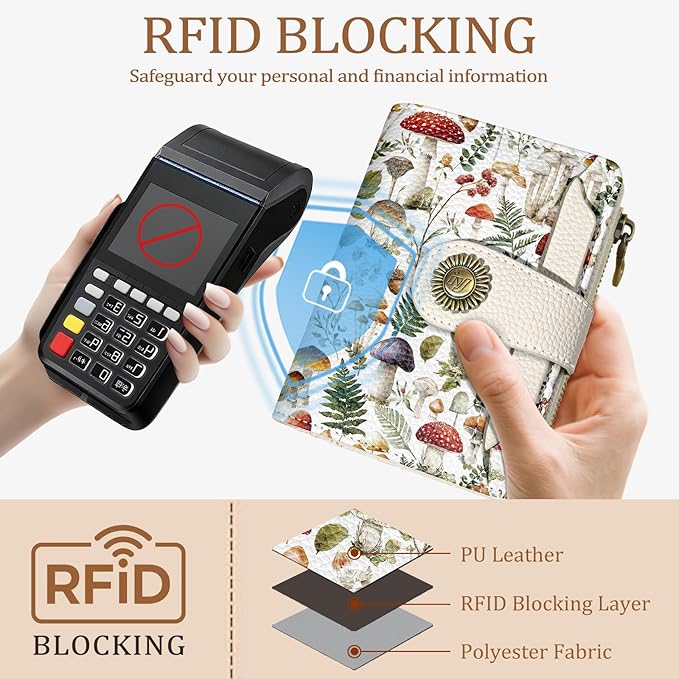 Icycay Mushroom Small Wallet Women RFID Blocking Bifold, Credit Card Holder, Zipper Coin Pocket, PU Leather, Compact, Travel, 4 ID Window, 14 Card Slots, Cash Purse, Ladies Woman Female Girls