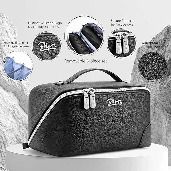 BOYATU Travel Makeup Bag Cosmetic Bags for Women: 3 Pcs Set Large Capacity Make up Bag with Handle - Waterproof Vegan Leather Toiletry Bags Travel Essentials with Compartments(C-2-Black)