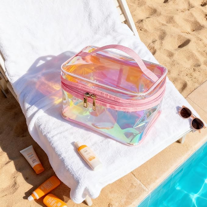 Waterproof Holographic Red PVC Makeup Bag with Handle - 8.66 * 5.51 * 5.51 inch Travel Cosmetic Organizer for Women Men Toiletry Pouch (Holographic Red-L)