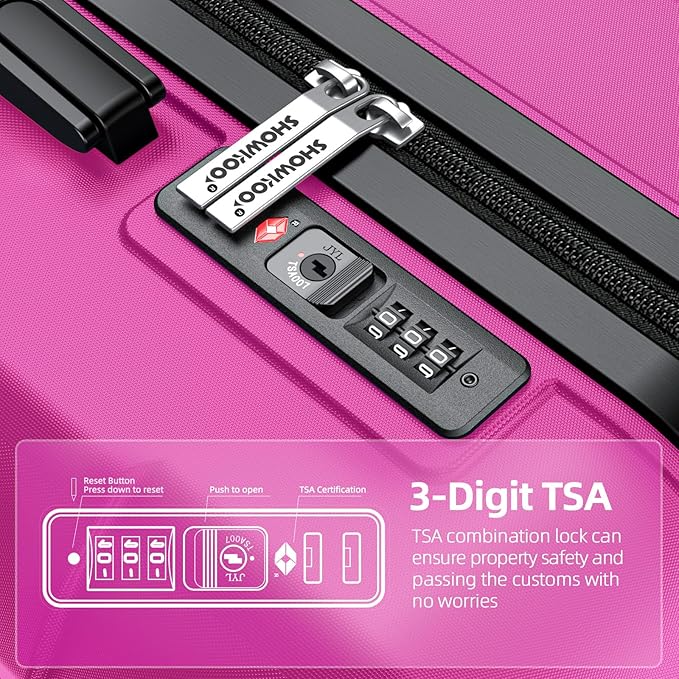 SHOWKOO Full PC Hardshell Luggage Sets, 20/24/28 In Suitcase with TSA Lock & Spinner Wheels, Lightweight Durable Travel Luggage Megenta