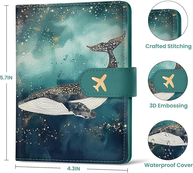 Passport Holder for Travel Essentials, RFID Blocking Leather Cover Wallet with Magnetic Closure, Aesthetic & Cute Passport Book Case for Women and Men - Whale, Upgraded with Money Pocket