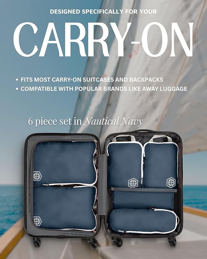 Compression Packing Cubes 6 Piece Set for Carryon Suitcases- Lightweight, Durable Clothes Organizer (Navy Blue)