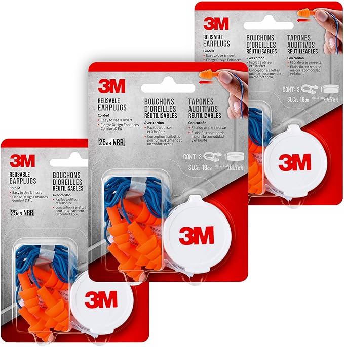 3M Corded Reusable Earplugs, 3 Pack, Noise Reduction Rating (NRR) 25 dB, Easy to Use & Insert, Pliable & Tri-Flange Design Enhances Comfort & Fit, Orange Ear Plugs (90716H3-DC), 3 Pair (Pack of 3)