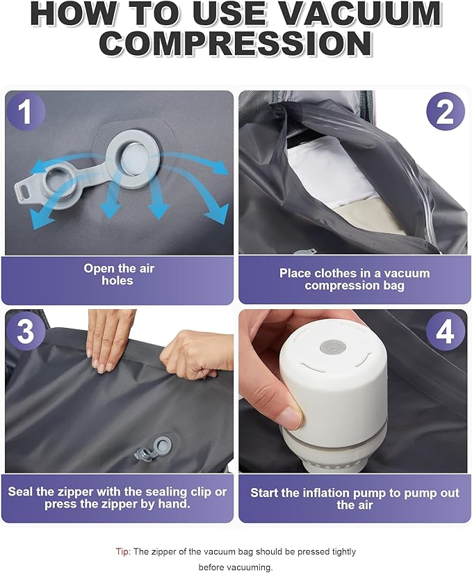 VGCUB Vacuum Backpack Travel with Pump Vacpack System Storage Compression Carry on Work Laptop Waterproof College Bags Casual Daypack Backpacks for Women Men with USB Port Expandable Purple Taro
