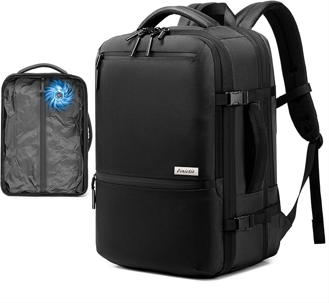 Dinictis Vacuum Seal Travel Backpack 60L Built-in Pump, Expandable Backpack with Vacuum Compression Fits 17 inch Laptop, Water Resistant Carry On Suitcase Luggage for Short Trip and Business-Black