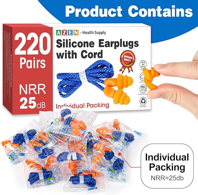 AZEN 220 Pairs Silicone Ear Plugs, Reusable Earplugs for Noise Reduction, 25dB NRR Corded Ear Plug for Sleeping Noise Cancelling, Ear Plug with String Individual Packing