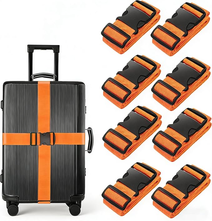 BILIONE Luggage Straps, 79" Long Belts Keep Suitcase Secure While Traveling, TSA Approved Add a Bag Premium Accessory for Travel Bag Closure (Orange, 8Pcs)