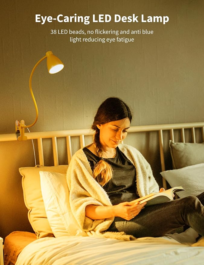 BOHON Clip on Light, Desk Lamp with Clamp, 5 Color 10 Brightness Yellow | Flexible Neck Clip Lamp, 10W 38 LED, Auto Off Timer, Desk Lights for Office Home Bed Bedside Reading, Bright Yellow