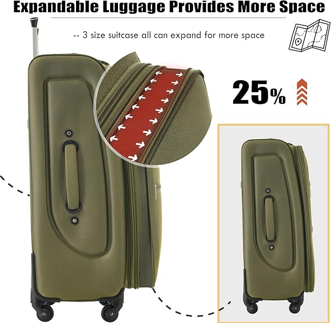 Merax Suitcase Set Softside 3-Piece Expandable Luggage with TSA Lock Spinner Wheels Lightweight Upright Luggage (22/26/30 IN,Army Green)