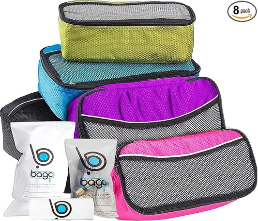 bago 8 Pcs Packing Cubes for Travel - 5 Travel Packing Cubes for Suitcases with 3 ZipLock Bags, Luggage Organizer Bags to Get Maximum Storage, Save Time & Effort to Pack (Black Blue Purple Green Pink)