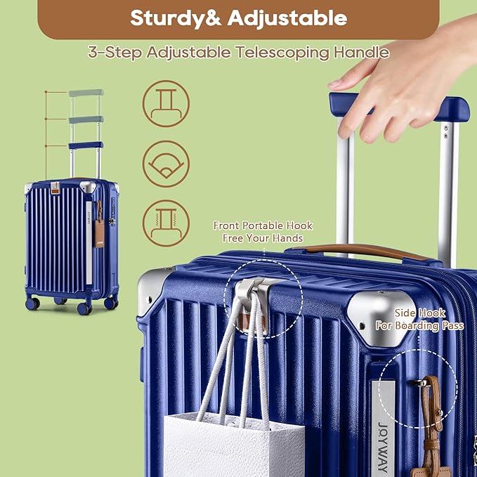 Joyway 5 Piece Luggage Set with Cup Holder, Expandable 25% Capacity, Includes Handbag, Anti Slip Wheels, Hook, Smart Carry On Suitcase for Men and Women, Spinner Travel Blue
