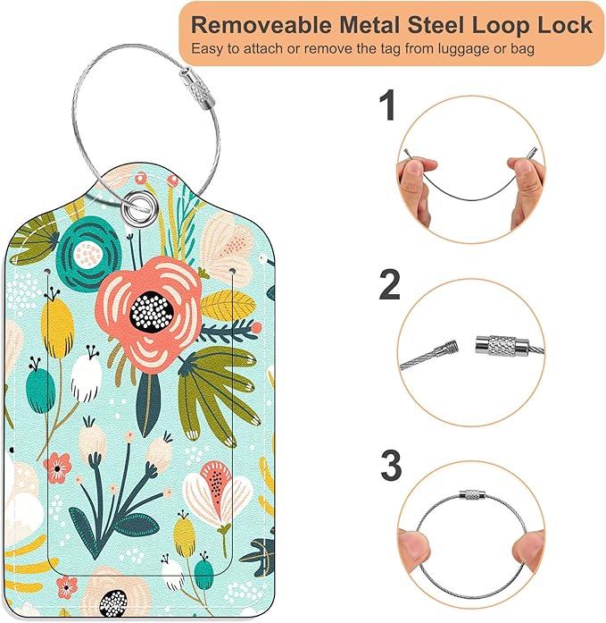 Luggage Tags, (Set of 2) PU Leather Suitcase Tags, Identifiers Privacy Cover ID Label with Stainless Steel Loop and Address Card for Travel Bag Suitcase (L- Floral Green)