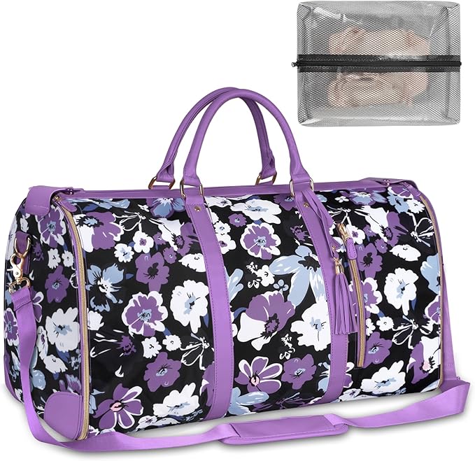 Carry On Garment Bag for Women, Convertible Garment Bag for Travel with Shoe Pouch, Water Resistant Travel Duffel Bag, 2 in 1 Hanging Suitcase Suit Travel Bags Weekender Bag, Floral