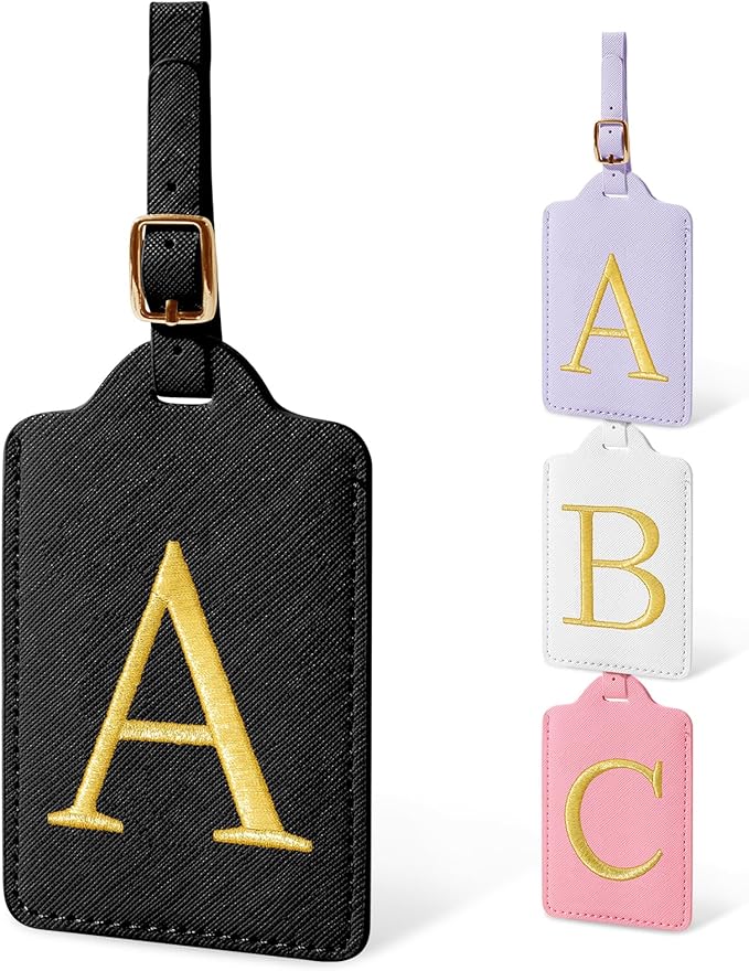 Initial Luggage Tags for Suitcases, Cute Embroidered Letter Luggage Bag Suitcase Identifier Name Baggage Tag, PU Leather Travel Luggage Tags, Bag Tags for Men Women Kids Luggage Handbags(Black A)