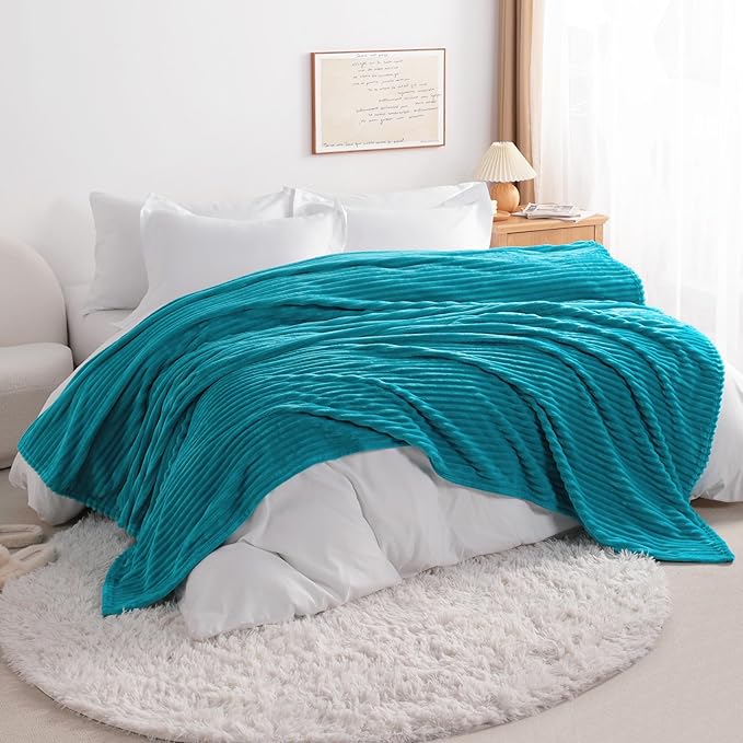 NTBAY Plush Flannel Twin Bed Blanket, 60X80 Inches Soft and Warm Lightweight Blanket with Striped Texture Bed Blanket for Couch Sofa Bed All Seasons, 60"x80", Turquoise