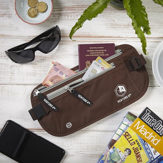 VENTURE 4TH Slim Minimalist Design RFID Money Belt with RFID Blocking Sleeves, for Men and Women – Ideal for Keeping Your Cash, Credit Card, Passport, Phone Secure When Traveling - Brown