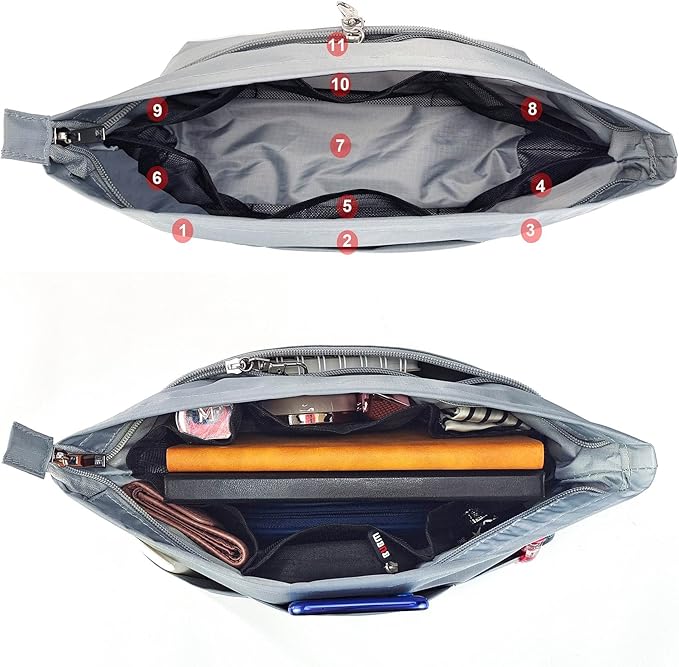 Time Wing Handbag Tote Purse Organizer Insert Bag Liner Shaper Divider Zipper 11 Pockets Compartments Medium Grey
