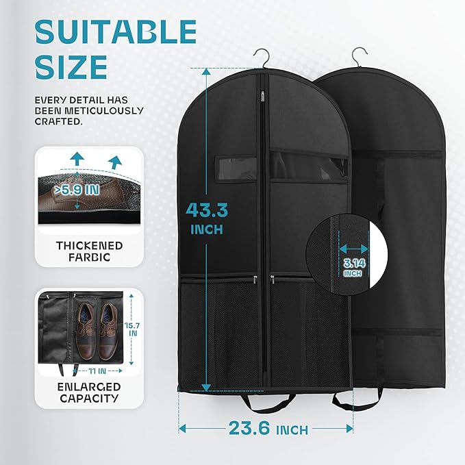 Lazebox 43" Travel Garment Bag with Accessories Zipper Pocket, Heavy Duty Suit Bag for Suits, Tuxedos, Dresses, Coats, Black, 1 pack
