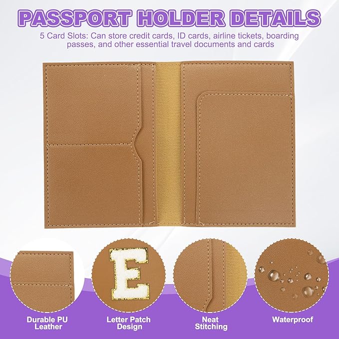 PATIKIL Passport Holder for Travel, Initial Passport Cover and Luggage Tag Set with Alphabet Chenille Letter Patch Travel Wallet Bag Suitcase Identifier for Women Family Travel Brown E