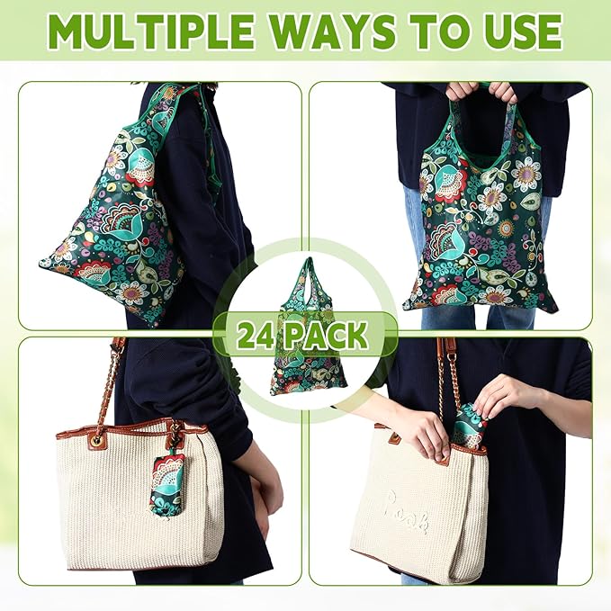 Paterr 24 Pcs Foldable Reusable Shopping Bag Recycle Travel Grocery Bag Fold to Pocket Tote Bulk for Daily Supplies Load