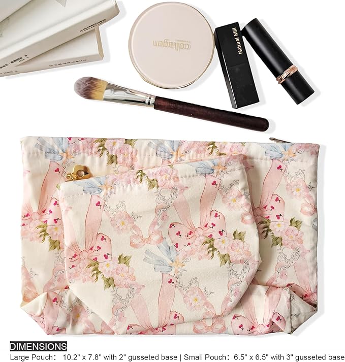 HAPPYHEIDI Makeup Bag Set 2, Cute Cosmetic Pouch, Pink Floral Bow Pattern, Cotton, Lightweight, 2 Count, Zipper Closure