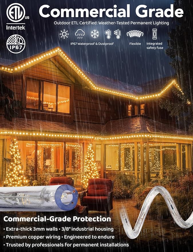 288LEDs, 25ft LED Outside Rope Lights, Waterproof Permanent Outdoor ETL Certified Connectable Clear Tube, Christmas Palm Tree Holiday Decorative Landscape Patio Accent Lighting - Warm White
