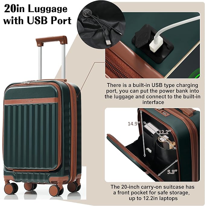 Hardshell Luggage, Lightweight Suitcase with Spinner Wheels, DARK GREEN+USB