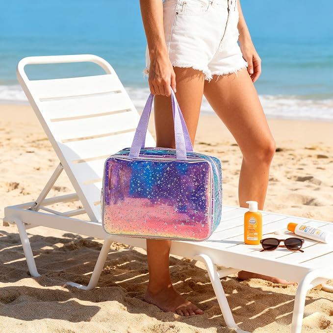 Holographic Purple Star Large Cosmetic Bag and Travel Pouch with Handle,Durable Material,Zipper Design-Ideal for Makeup,Travel Essentials (Purple Handle)