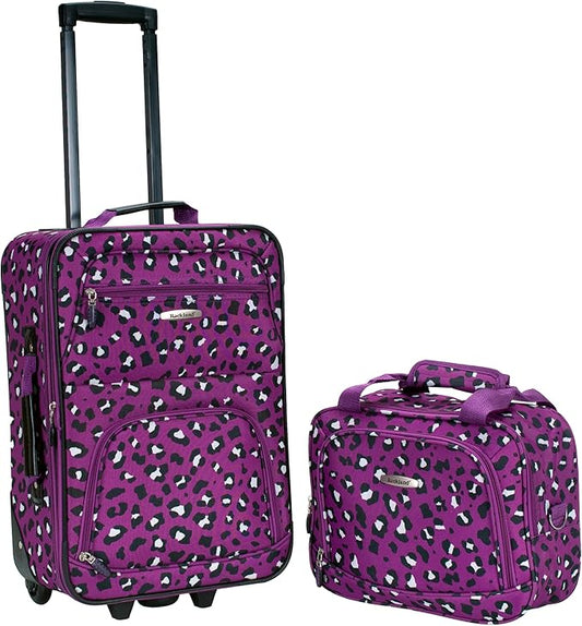 Rockland Fashion Softside Upright Luggage Set, Expandable,Telescopic Handle,Wheel, Purple Leopard, 2-Piece (14/19)