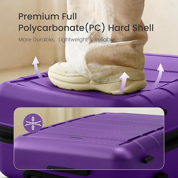 SHOWKOO Luggage Sets Expandable 100% PC Durable Suitcase Sets Double Wheels TSA Lock 4 Piece Luggage Set Purple