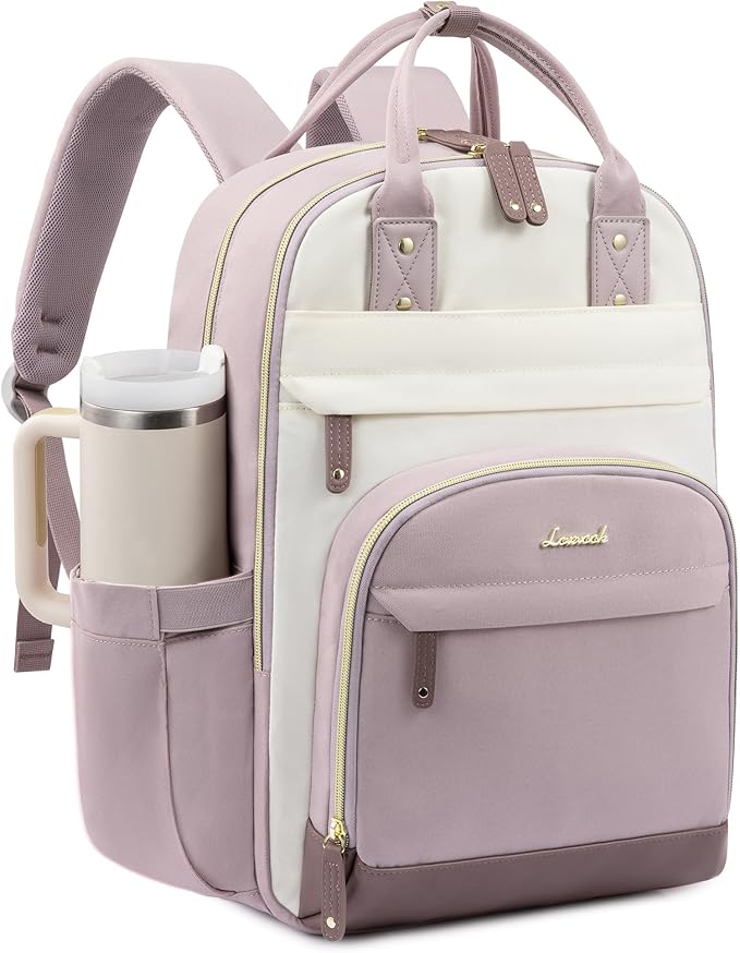 LOVEVOOK Laptop Backpack Women with Giant Tumbler Holder Pocket,15.6 inch School College Book Bag Nurse Teacher Backpack,Work Travel Backpack Laptop Computer Bag,Light purple-Off-white-Pinkish purple