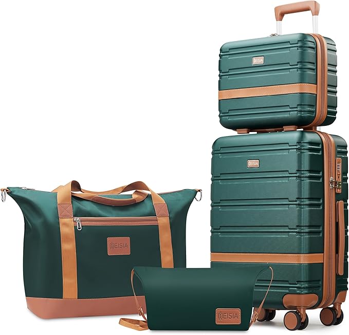 Luggage Sets with spinner wheels, PC+ABS Hard Shell Travel Luggage,Lightweight Carry-on suitcases with TSA Lock,YKK Zippers (Dark Green, 4 Piece Sets(14/20/DB/TB))