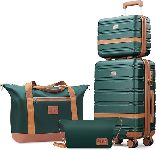 Luggage Sets with spinner wheels, PC+ABS Hard Shell Travel Luggage,Lightweight Carry-on suitcases with TSA Lock,YKK Zippers (Dark Green, 4 Piece Sets(14/20/DB/TB))