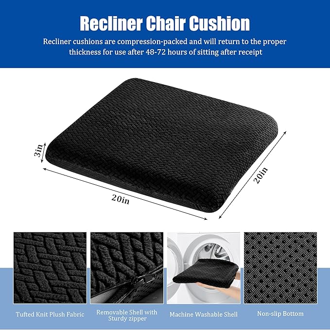 HOMBYS Tufted Furry Recliner Seat Cushion for Elderly Foam Curved Edge Large Square Seat Cushion for Recliner Chair, Floor Pillow, Office Chair, Car, No Pressure on Thighs(Black)