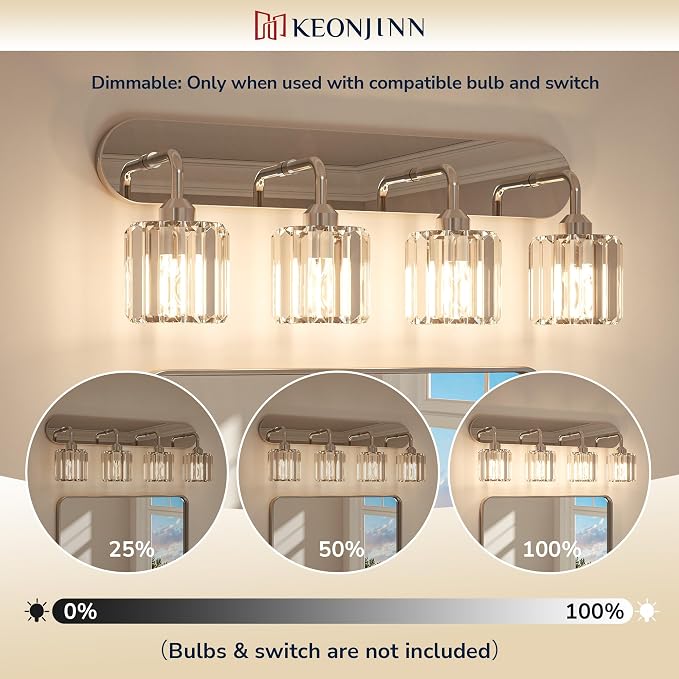 Keonjinn 6-Light Chrome Crystal Bathroom Light Fixtures Over Mirror | Vanity Lighting Fixture with Crystal Square Shades, Dimmable, Modern Style, Compatible with E26 Base LED Bulbs (Exclude Bulb)